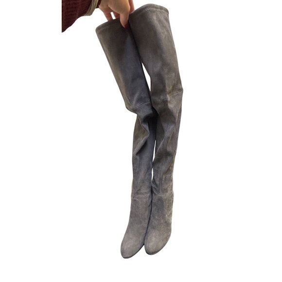 Stuart Weitzman Suede Over-The-Knee Boots Grey With Block Heel & Tie Closure Siz - Picture 3 of 14